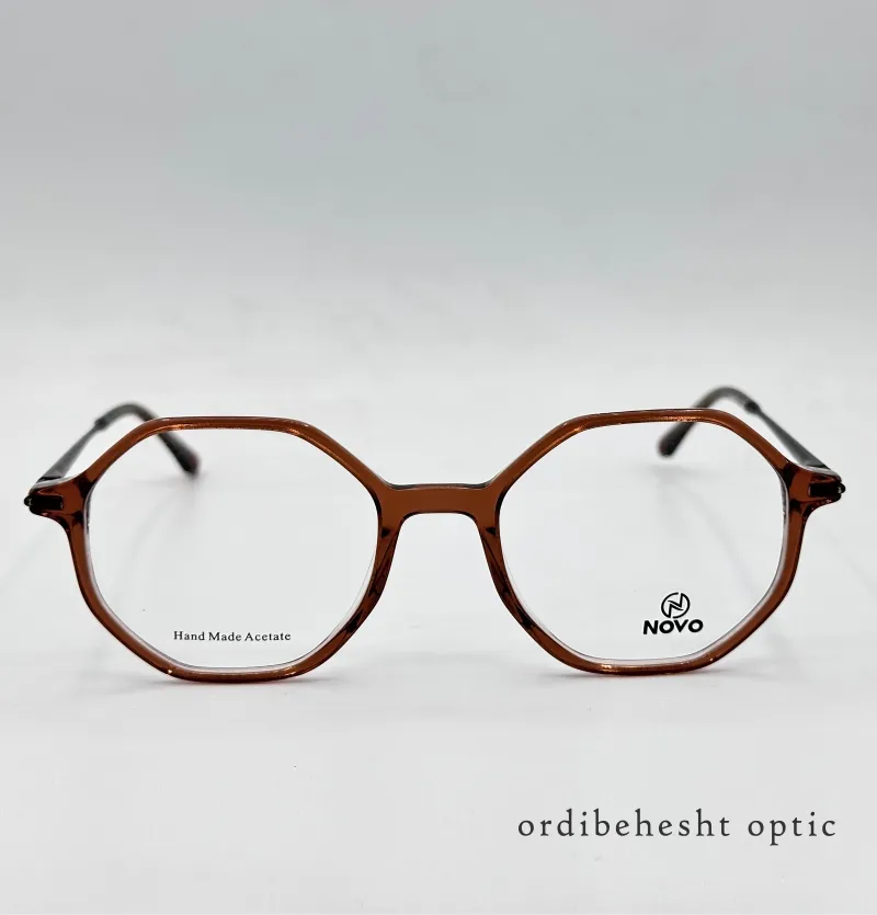 عینک طبی نوو مدل N411 | فریم هشتضلعی قهوهای شفاف (استات دستساز)