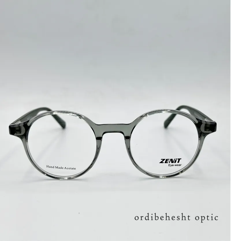 عینک طبی زنیت مدل ZE-3399 | فریم گرد شفاف دودی با دسته مشکی