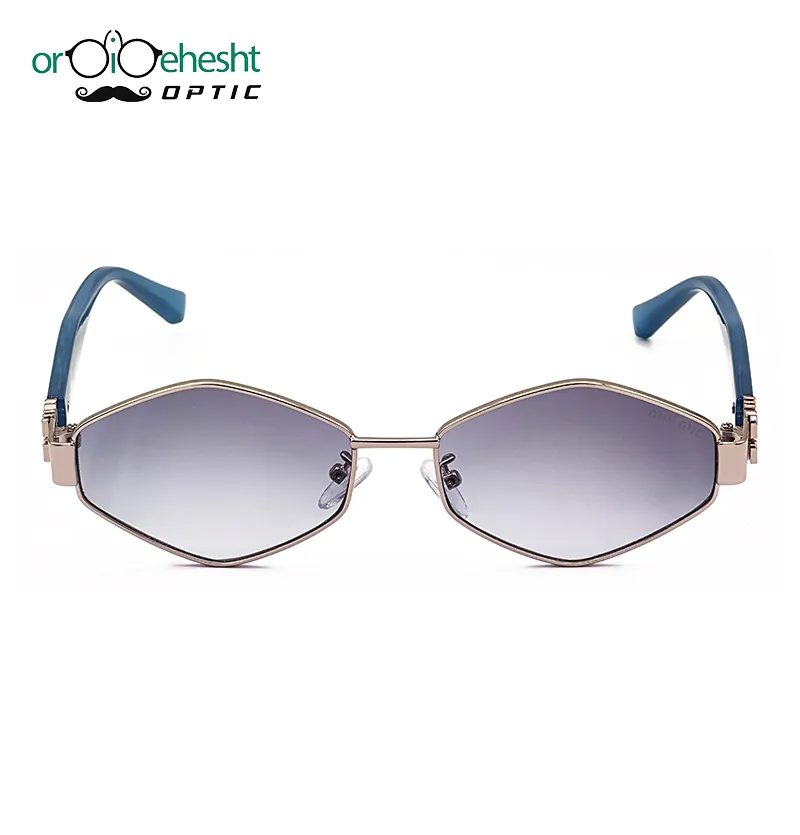 عینک آفتابی ششضلعی فریم نقرهای | عدسی گرادیانت دودی–آبی | دسته آبی