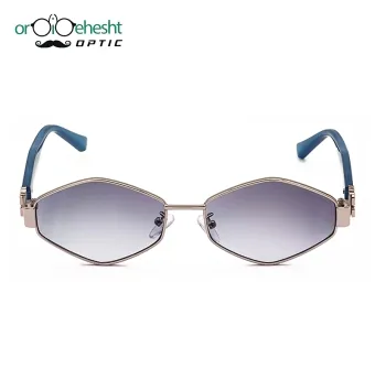 عینک آفتابی شش‌ضلعی فریم نقره‌ای | عدسی گرادیانت دودی–آبی | دسته آبی