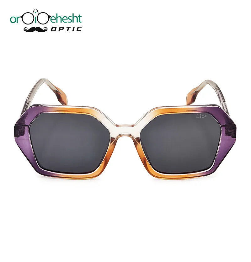 عینک آفتابی چندضلعی فریم کهربایی–بنفش | طراحی فشن دیور | لنز مشکی UV400