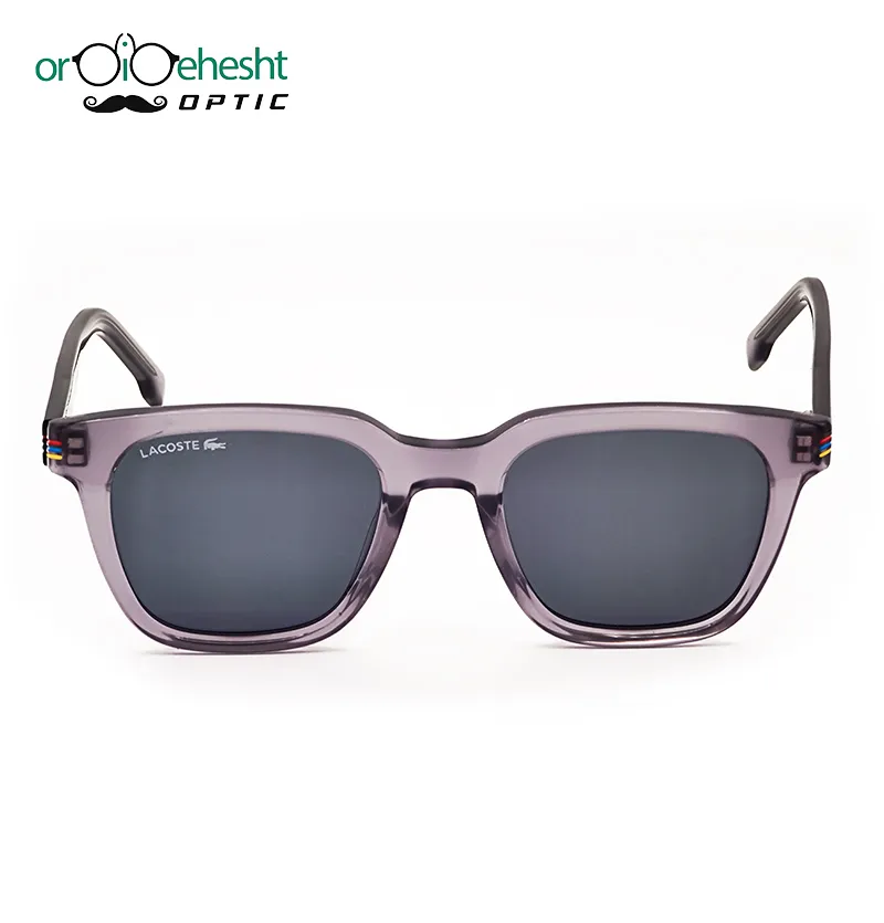 عینک آفتابی لاگست (Lacoste) فریم یاسی شفاف | لنز مشکی UV400 | مدل کالکشن سهخط