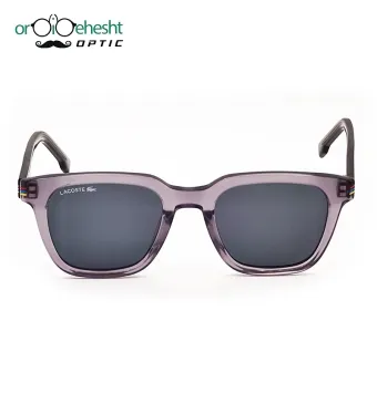 عینک آفتابی لاگست (Lacoste) فریم یاسی شفاف | لنز مشکی UV400 | مدل کالکشن سه‌خط