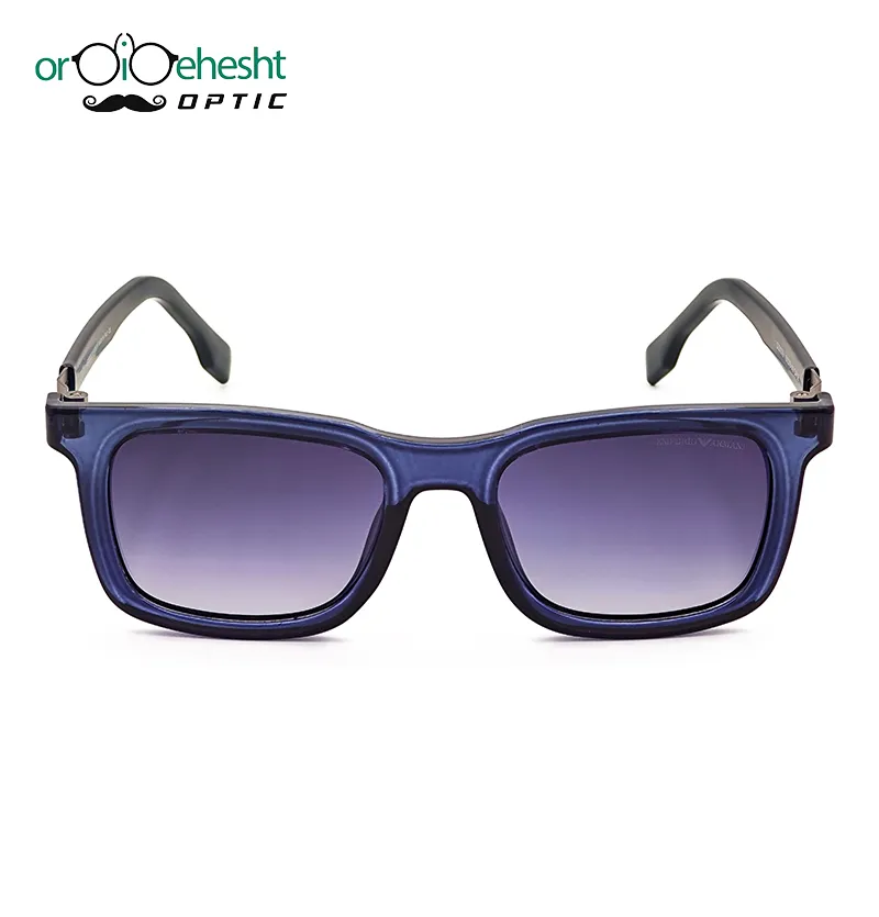 عینک آفتابی Emporio Armani | فریم سرمهای شفاف و دسته فلزی | لنز بنفش گرادیانت UV400 | مدل مستطیلی مردانه