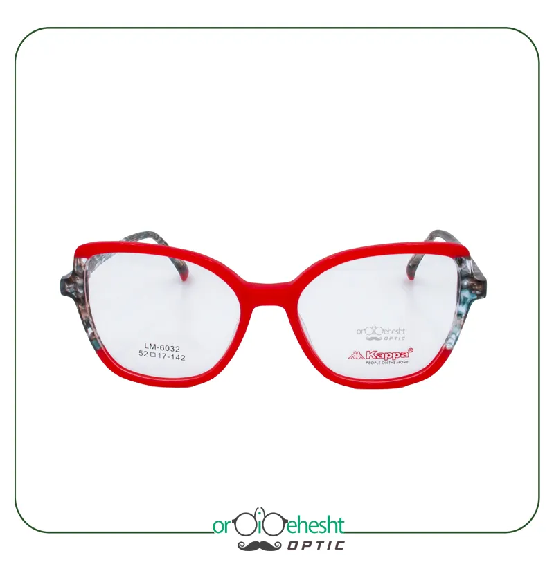 عینک طبی Kappa مدل LM-6032 | فریم قرمز گرد-کت‌آی با دسته طرح مرمر