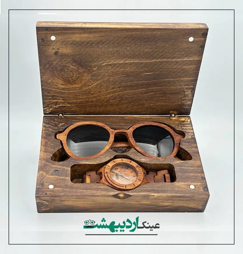 ست عینک آفتابی و ساعت مردانه چوبی 012