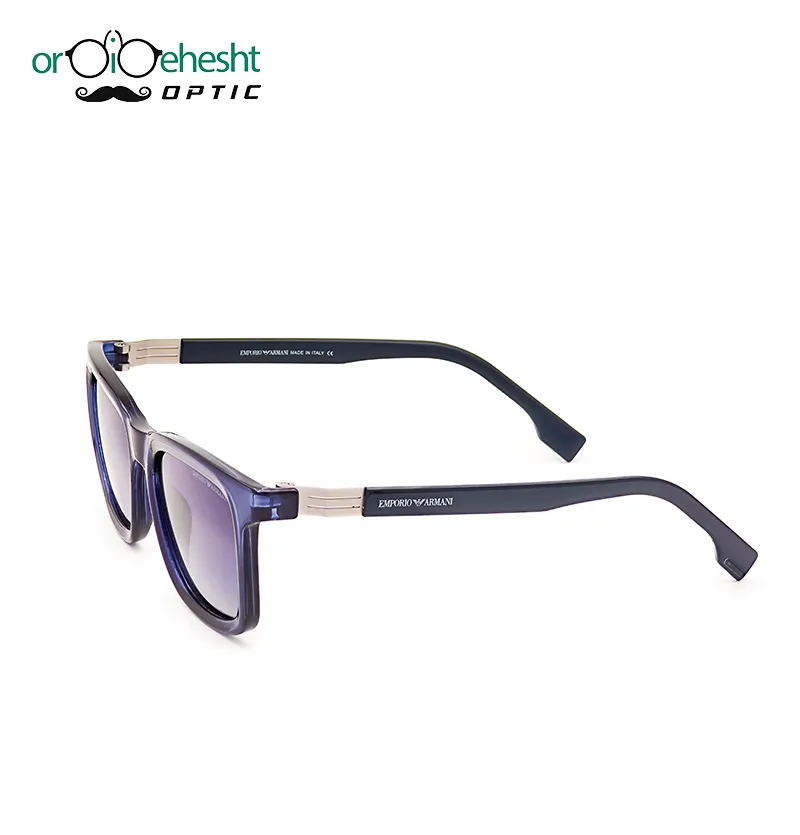 عینک آفتابی Emporio Armani | فریم سرمه‌ای شفاف و دسته فلزی | لنز بنفش گرادیانت UV400 | مدل مستطیلی مردانه