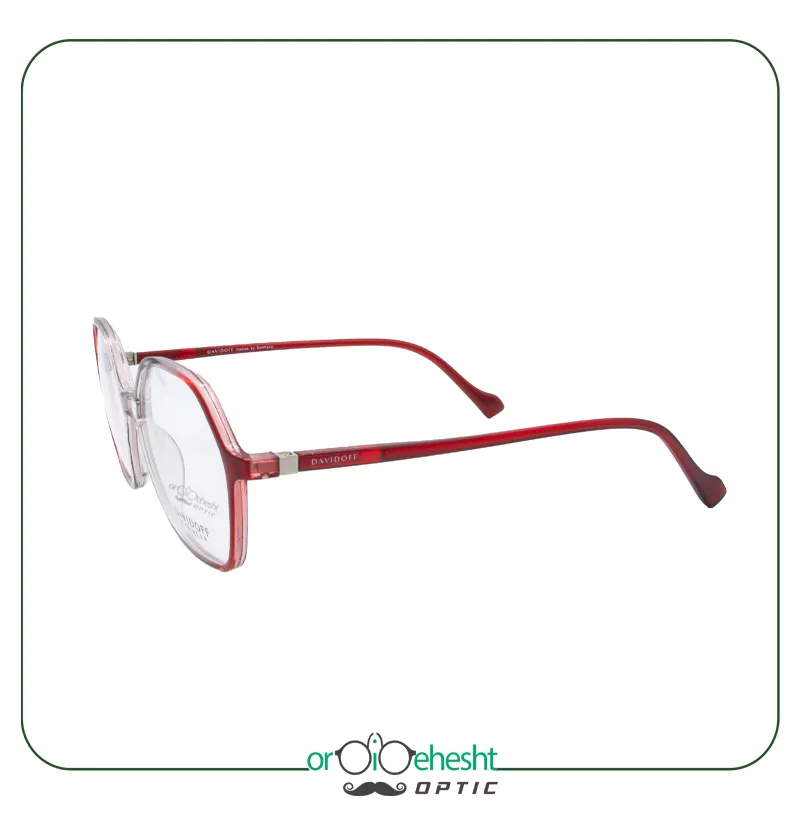 عینک طبی DAVIDOFF هشت‌ضلعی | فریم ترنسپرنت و دسته قرمز مدرن