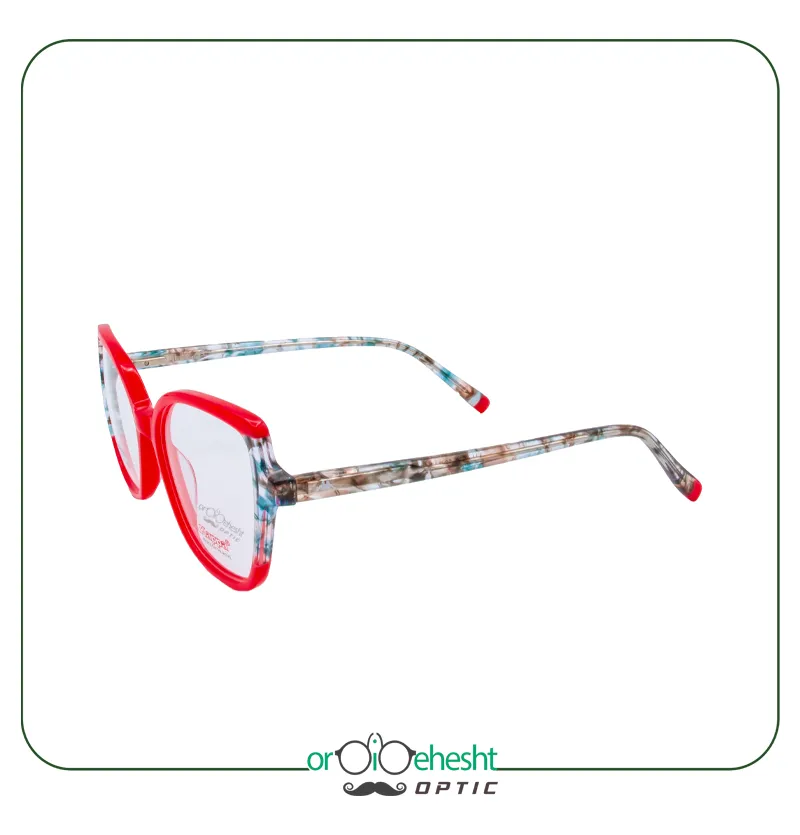 عینک طبی Kappa مدل LM-6032 | فریم قرمز گرد-کت‌آی با دسته طرح مرمر